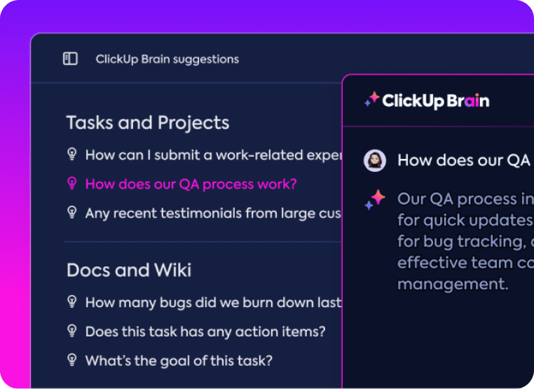 Get instant insights about tasks, docs, and content in ClickUp Brain