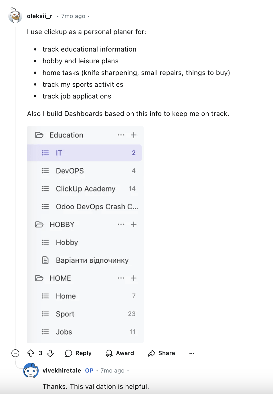 Ticktick vs Things 3 alternative: Reddit user review about using ClickUp for managing personal tasks