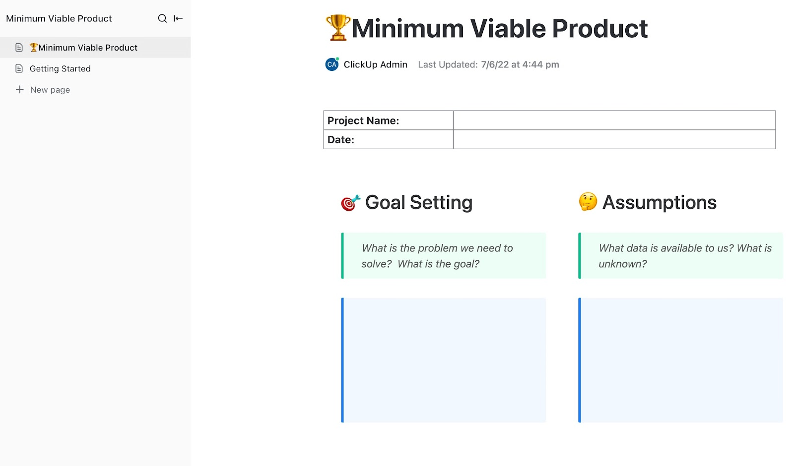 ClickUp Minimum Viable Product Template confluence templates