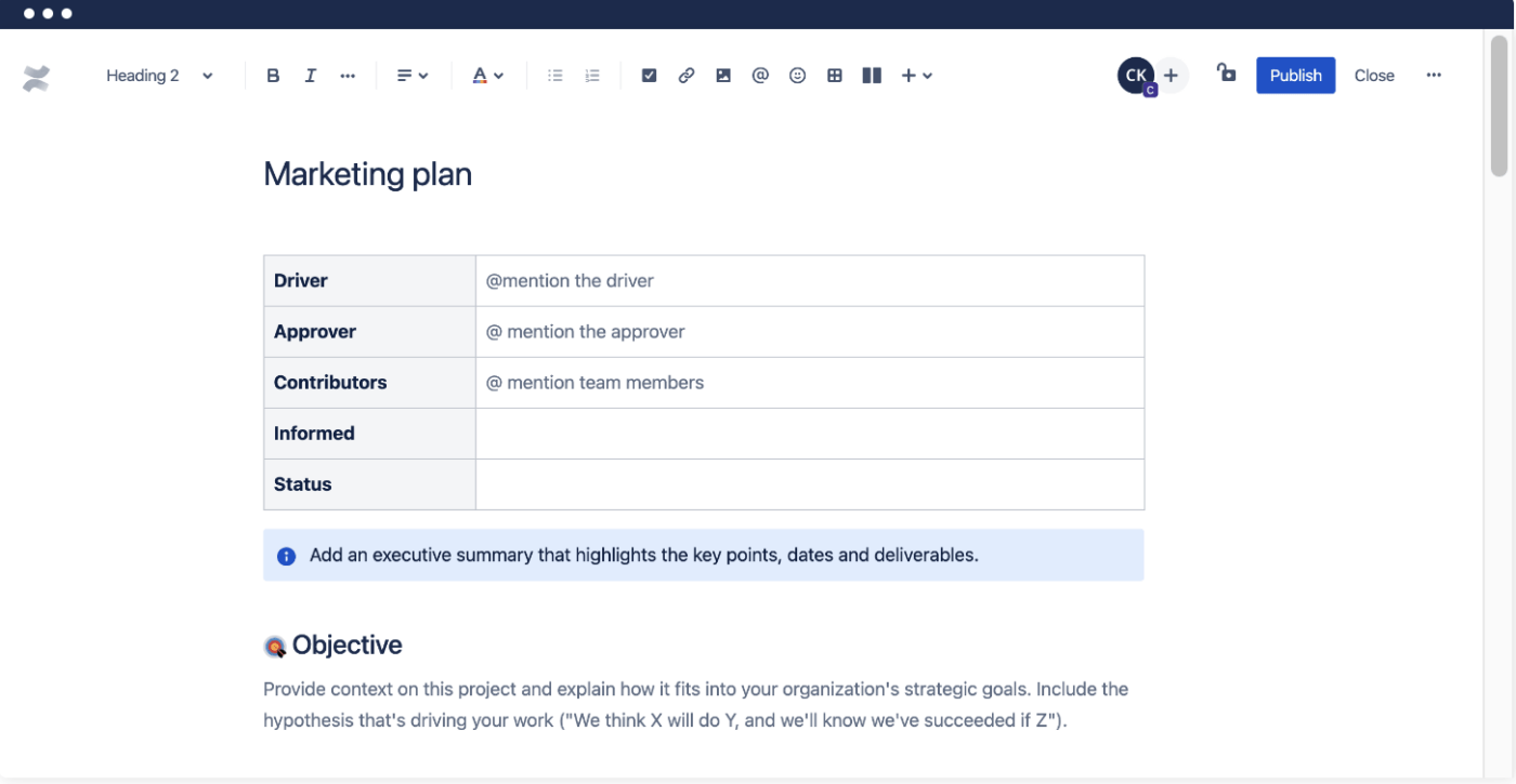 Marketing Plan Template from Confluence templates