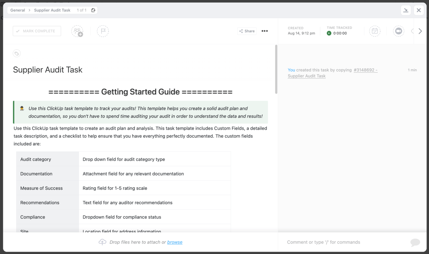 ClickUp supplier audit task dashboard