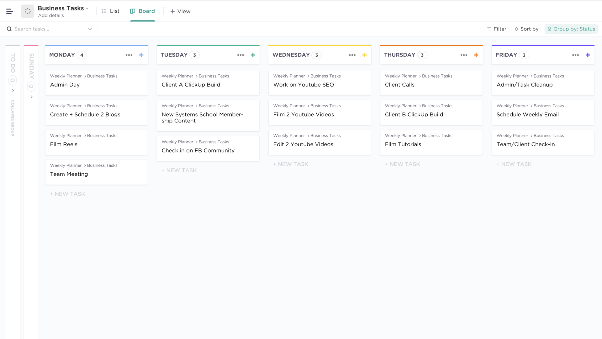 zeiterfassung und geplante Aufgaben in der Ansicht des Boards in ClickUp