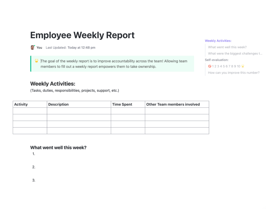 7. ClickUp Employee Weekly Report Template