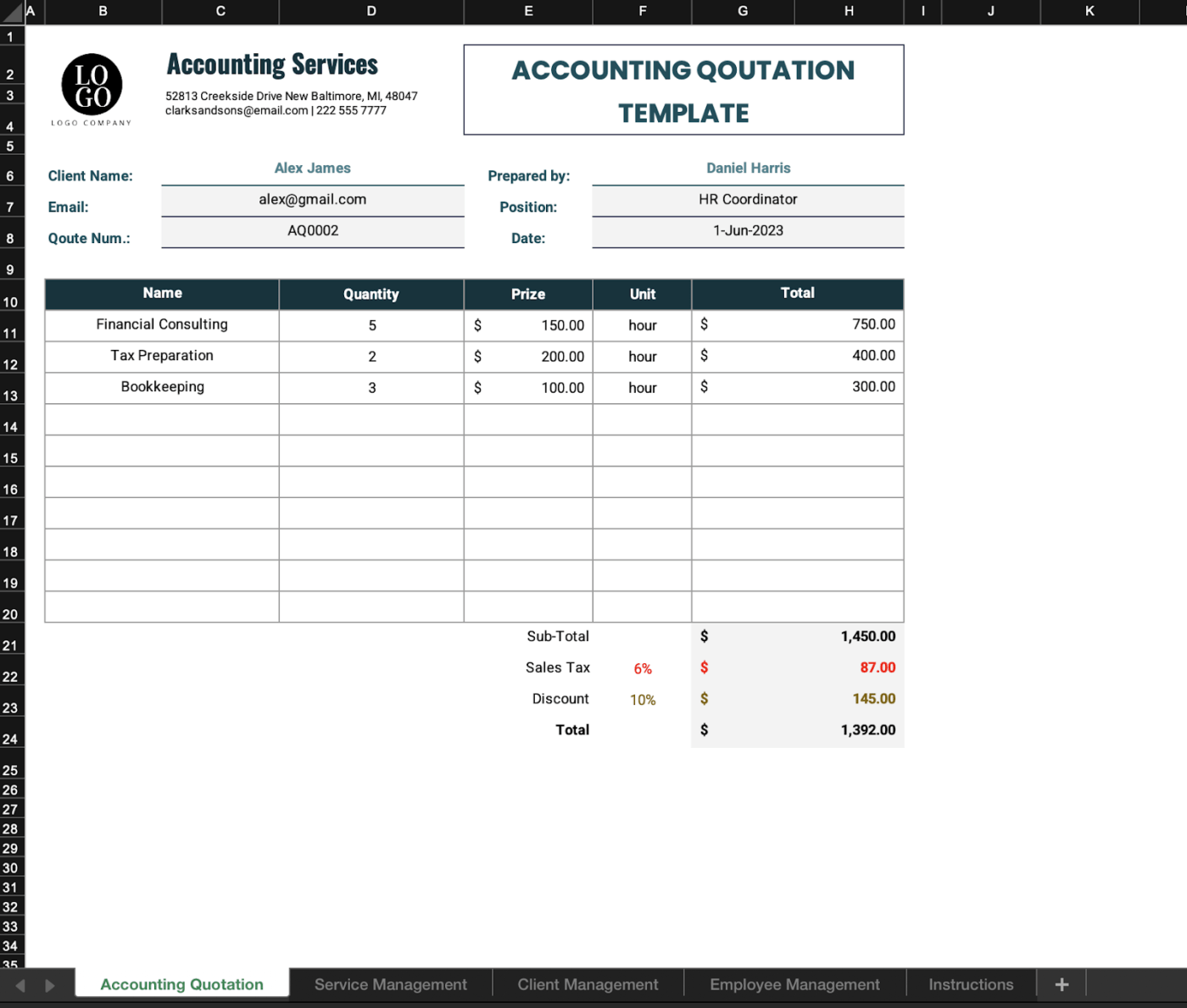 Accounting RFQ template excel by Template.net