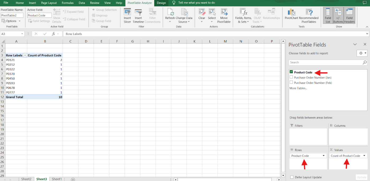 How to Find Duplicates in Excel-Add fields to rows and values