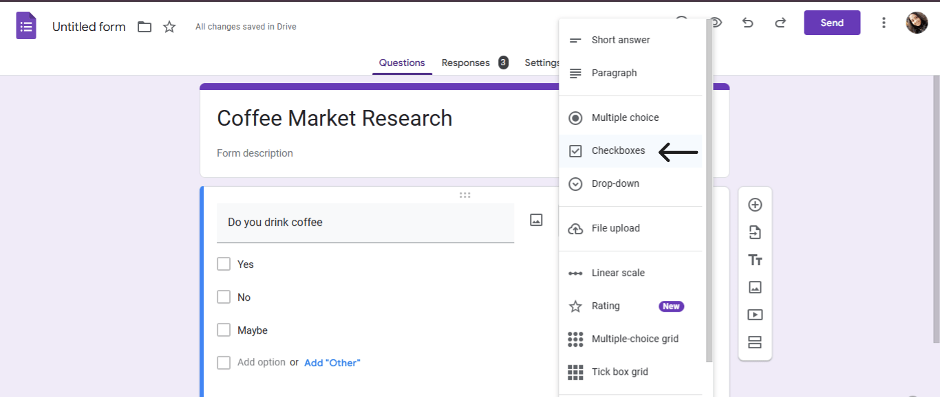 Click ‘Checkboxes’ and add the options in Google Forms for google chat poll