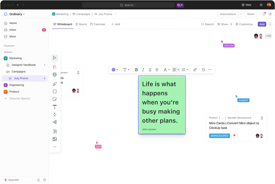 Collaborate on projects and your tasks page using ClickUp Whiteboards