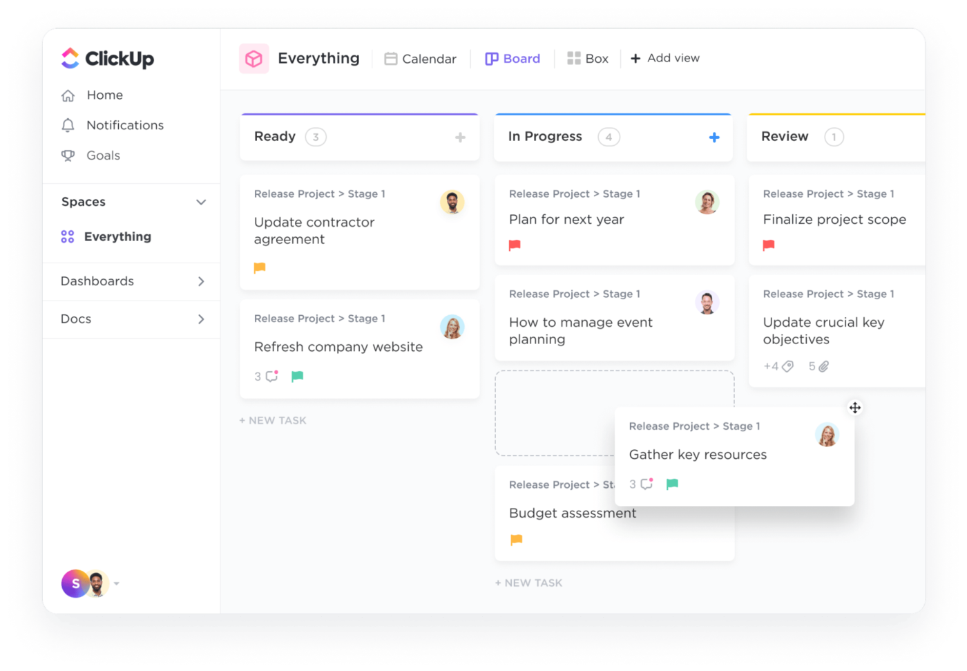 Visualize your roadmap with ClickUp Board View’s simple drag-and-drop interface : now next later roadmap