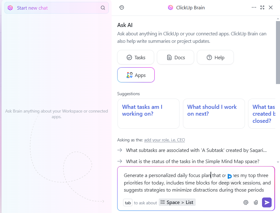 ClickUp Brain의 도움으로 개인화된 일일 집중 플랜 생성: 생산적인 사고방식