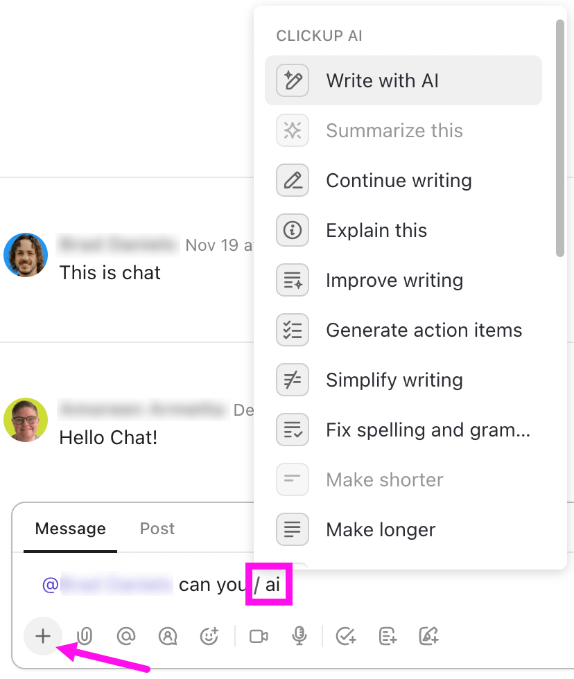 Write with ClickUp Brain within Chat to add flair to your messages