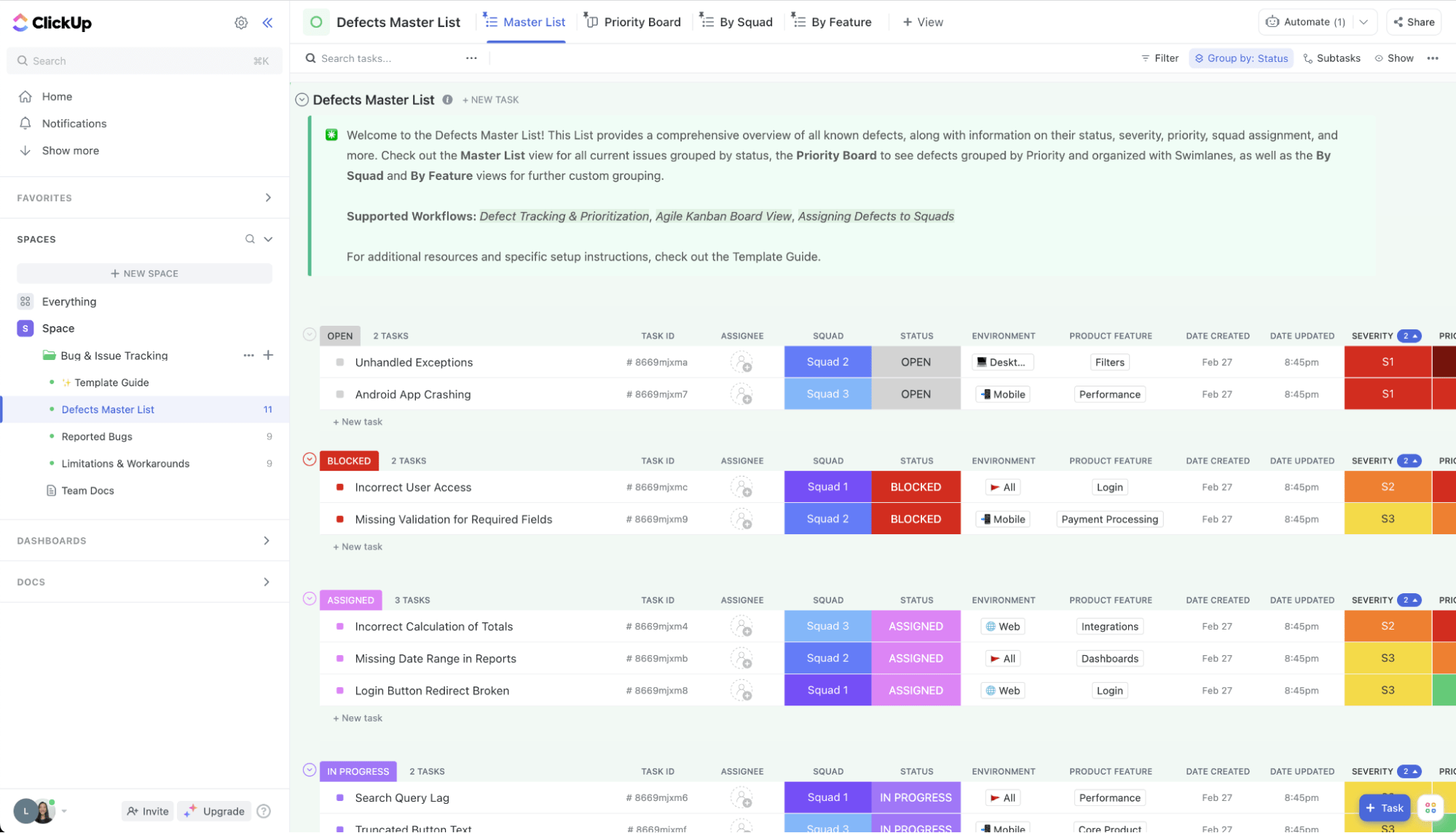 ClickUp Bugs & Issue Tracking Template