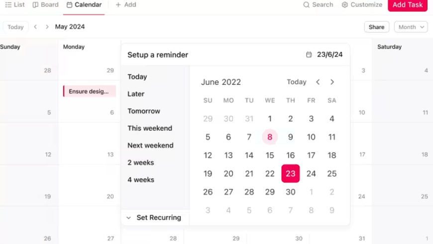 Follow Up Email After Meeting: Set event reminders with ClickUp Calendar View 