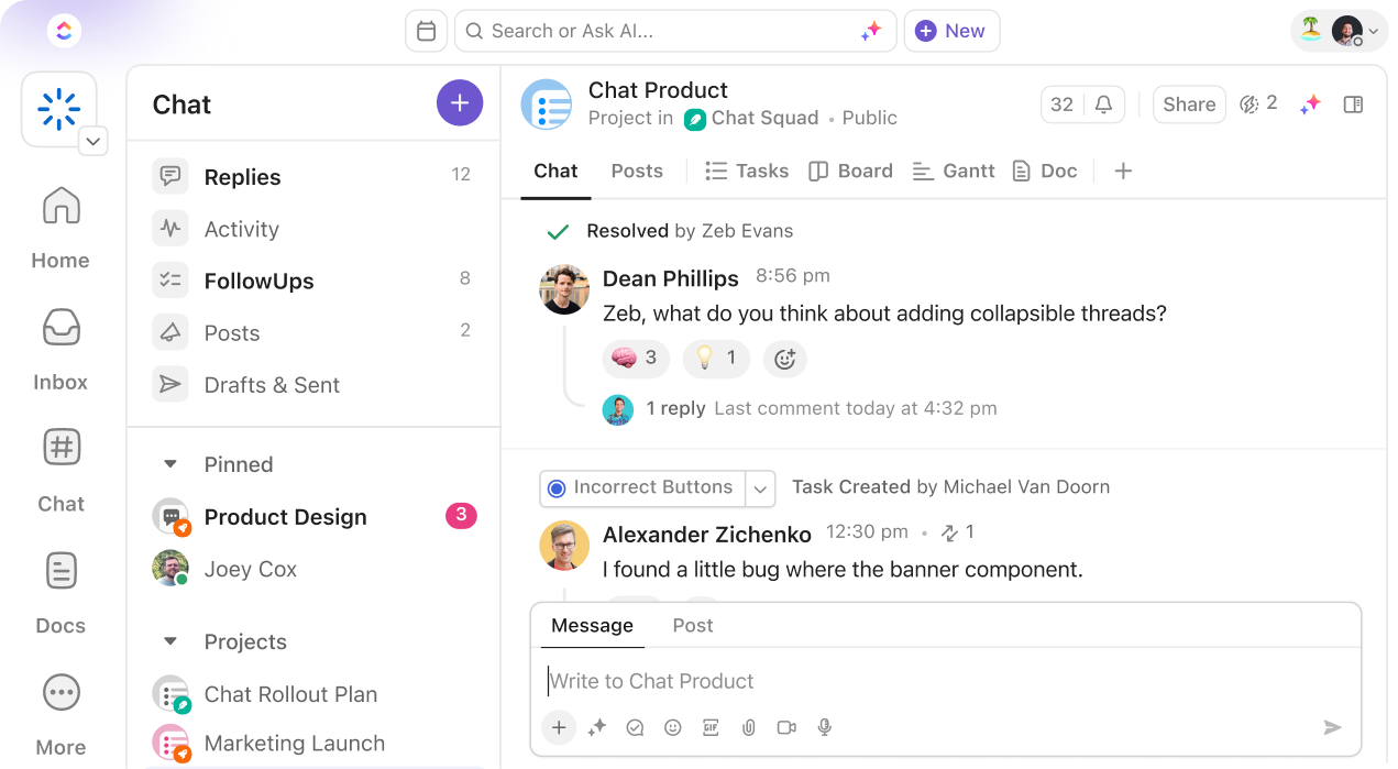 Keep conversations in context with ClickUp Chat