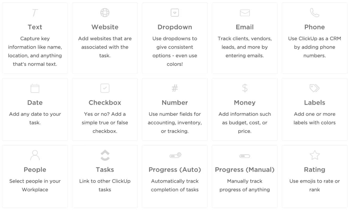 Choose from various ClickUp Custom Fields to capture and organize CRM-specific data