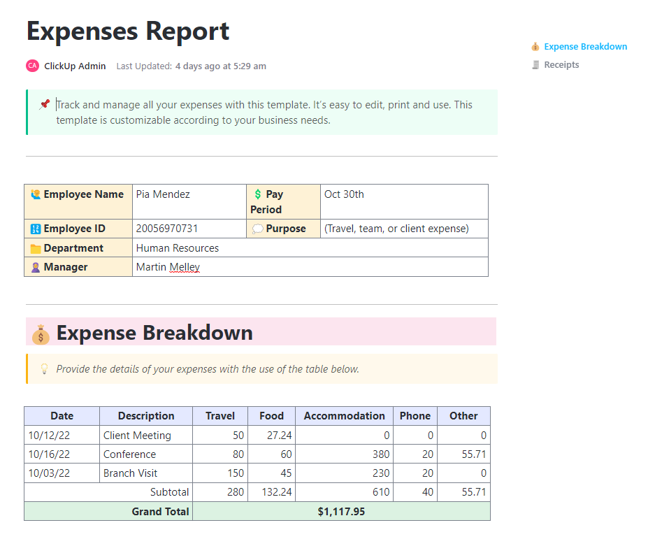 ClickUp Expense Report Template