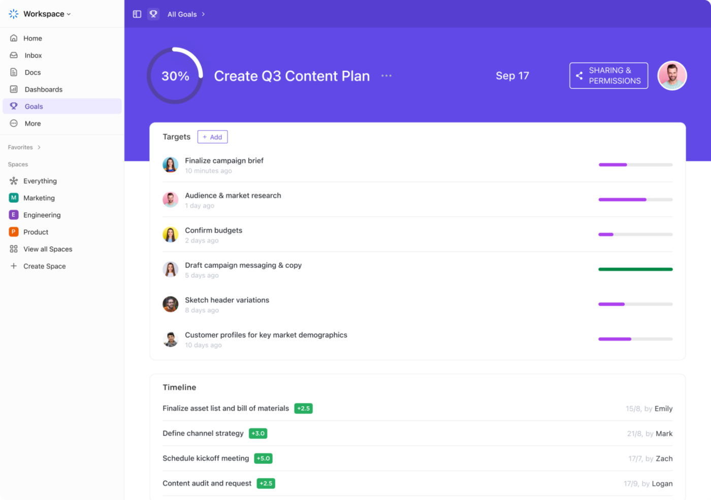 Set and track measurable goals with ClickUp Goals : now next later roadmap