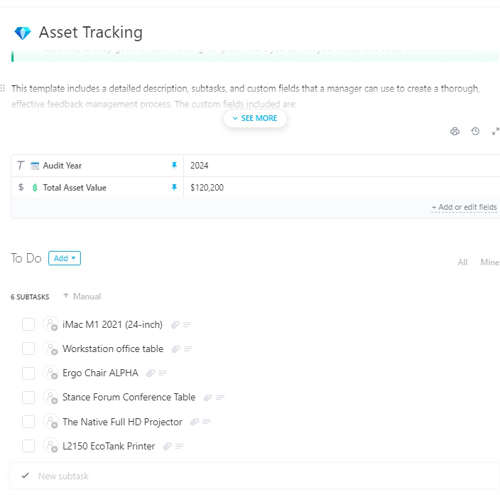 ClickUp grant tracking template which is Grant Asset Tracking Template