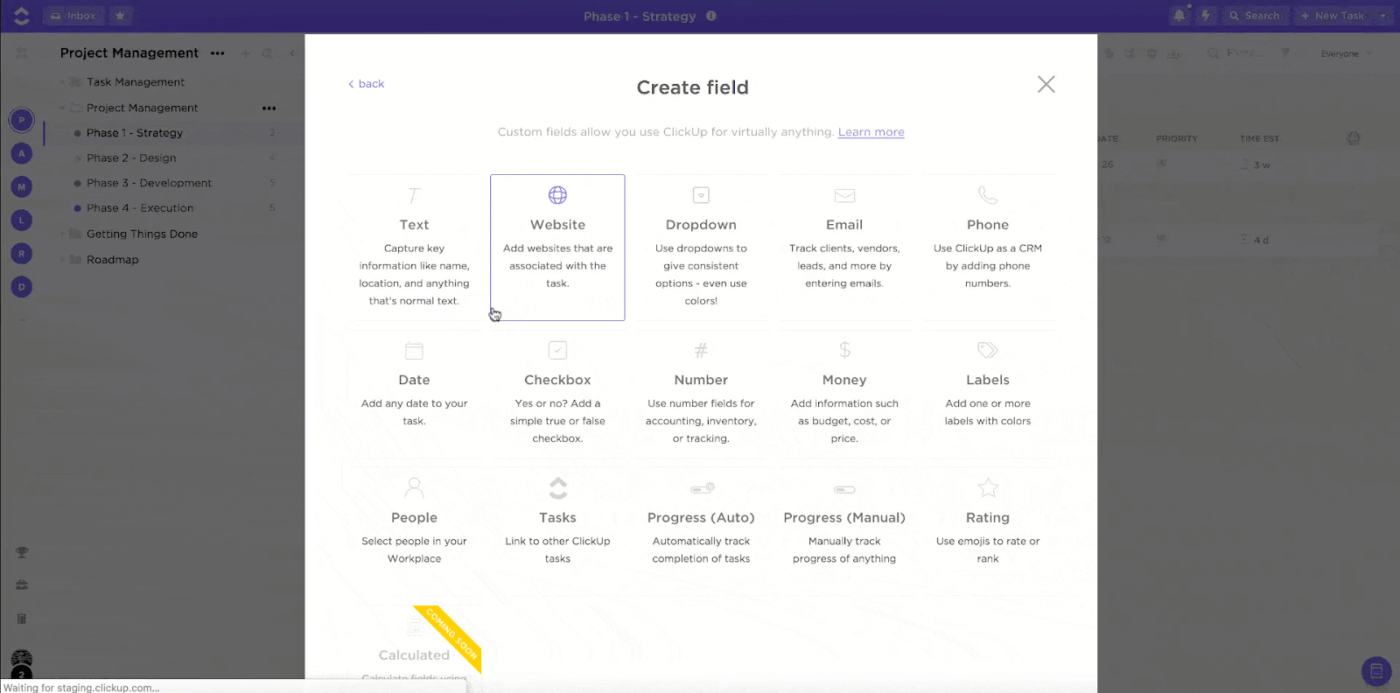 Organize internal and external factors for the SWOT analysis with ClickUp Custom Fields