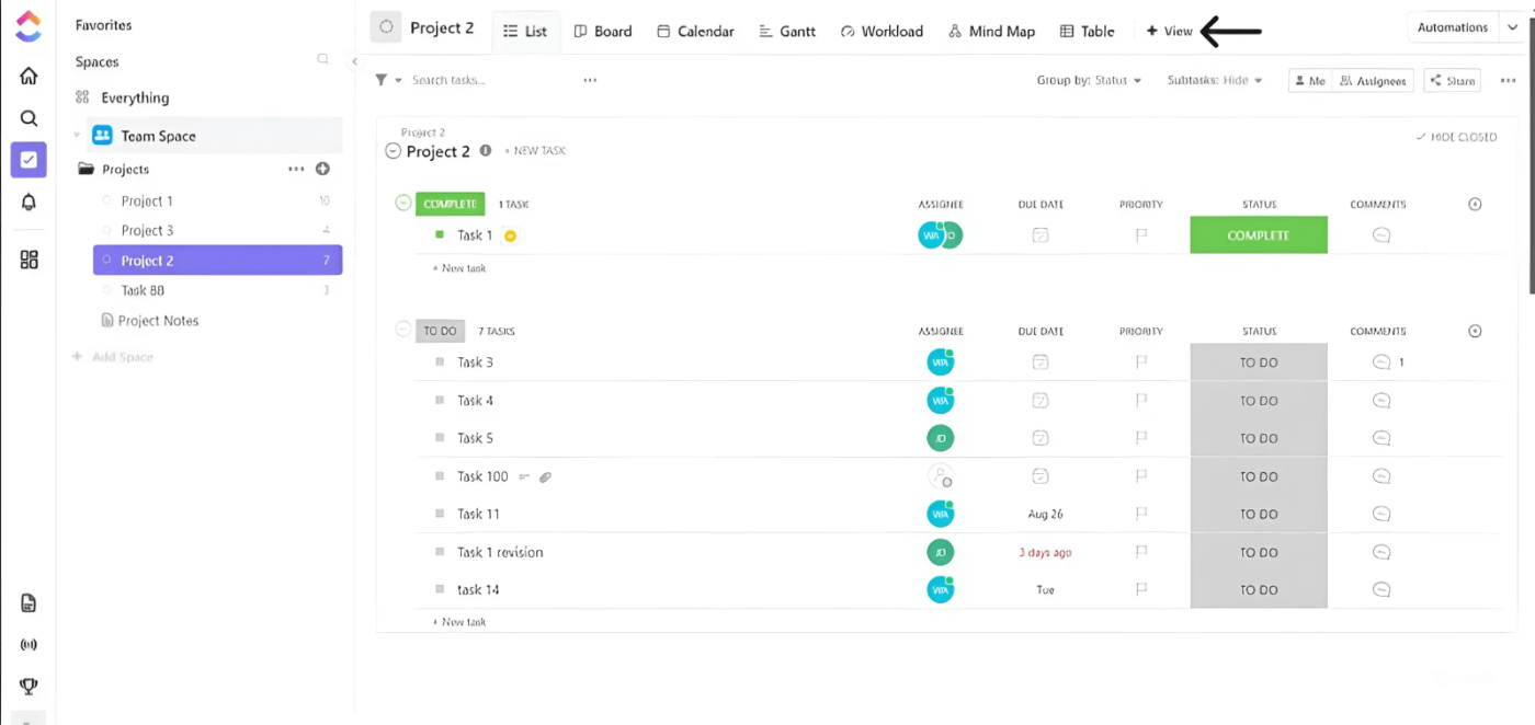 Create ClickUp account and click on the ‘View’ option