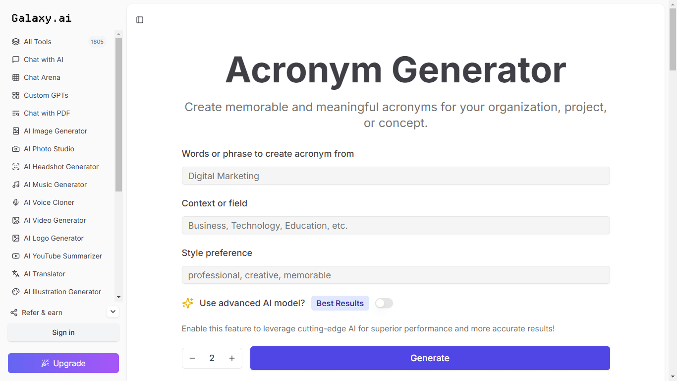 ai acronym generator: Galaxy.ai