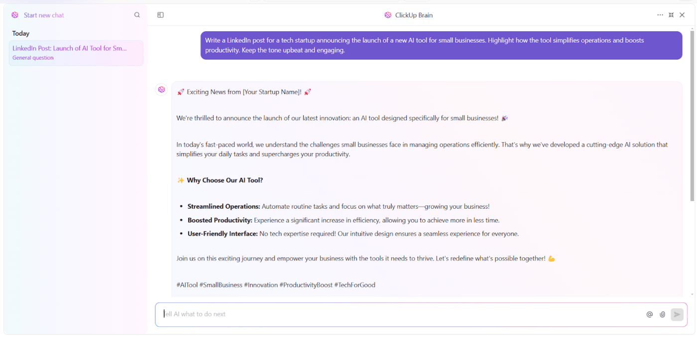 Generate dynamic social media copy quickly with ClickUp Brain : ai marketing agency