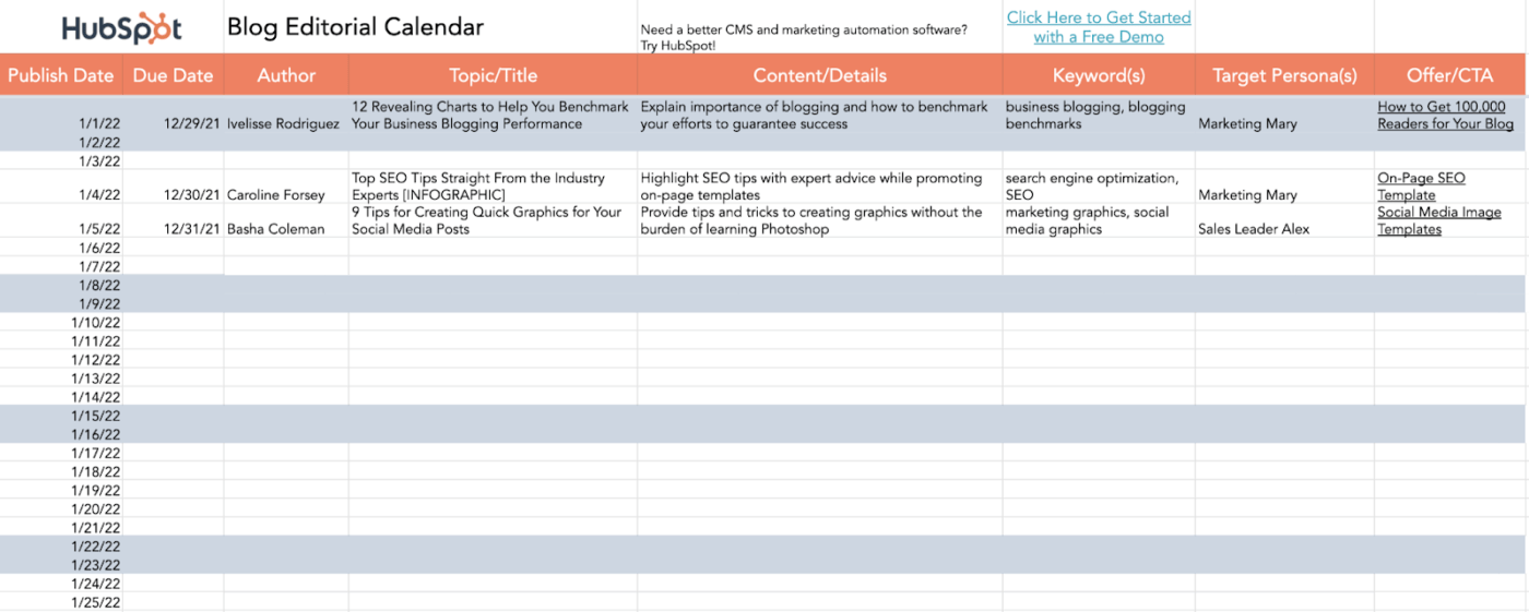 Google Sheets Content Calendar Template