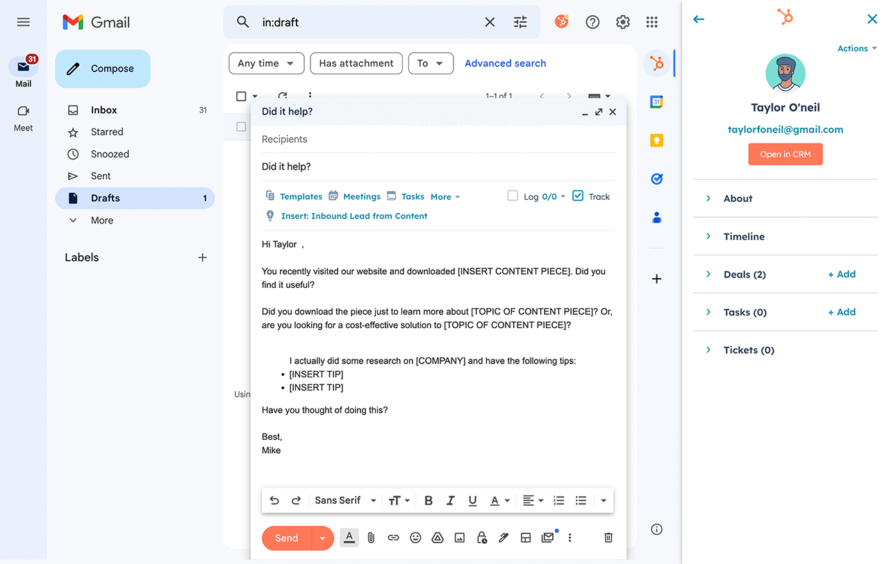 HubSpot Gmail CRM Software: Integrated within your Gmail inbox