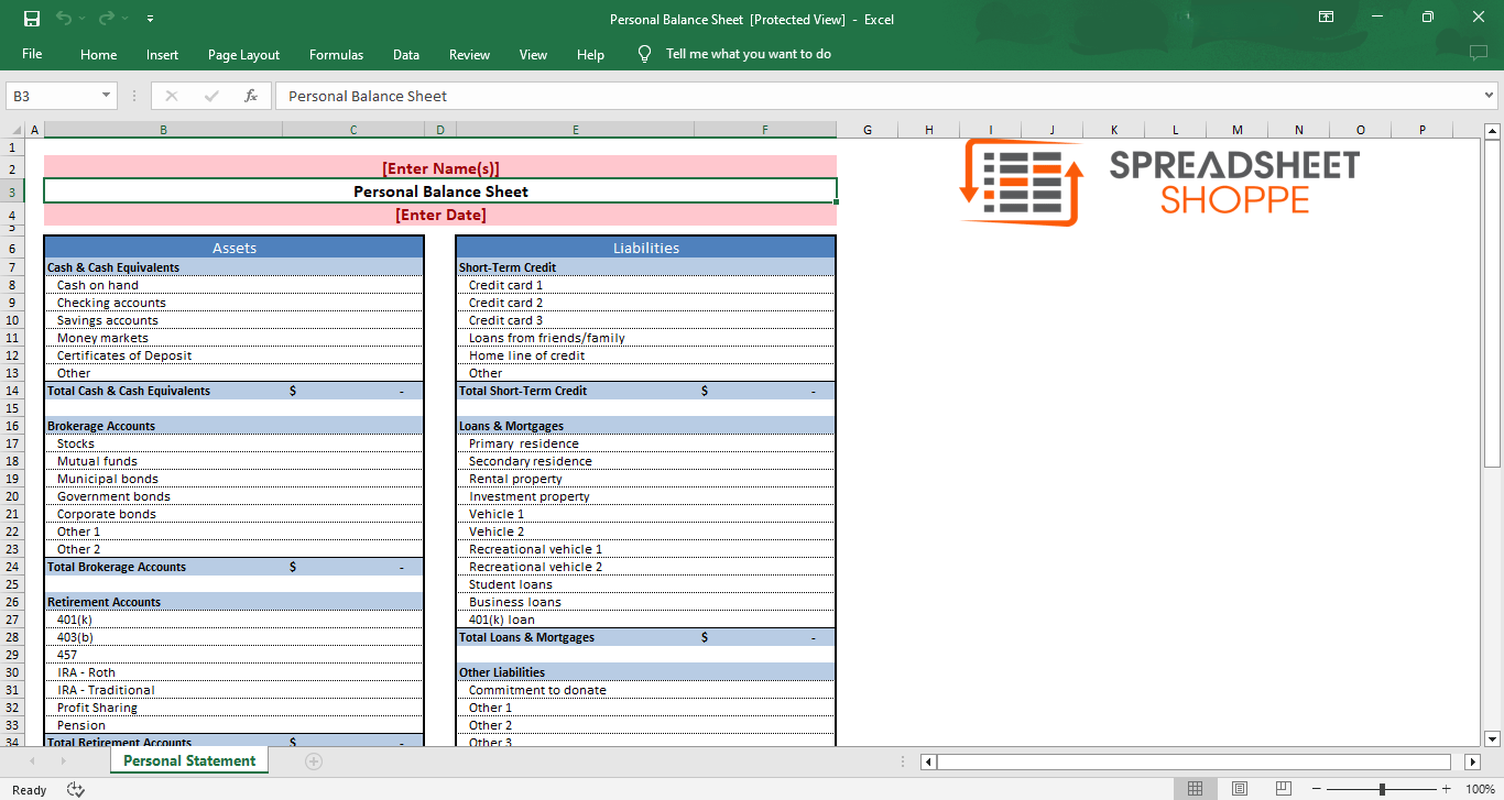 Personal Balance Sheet Template by Spreadsheet Shoppe