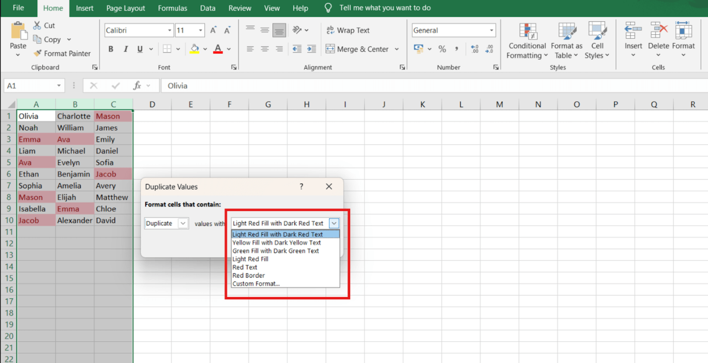 How to Find Duplicates in Excel-Pick a formatting style