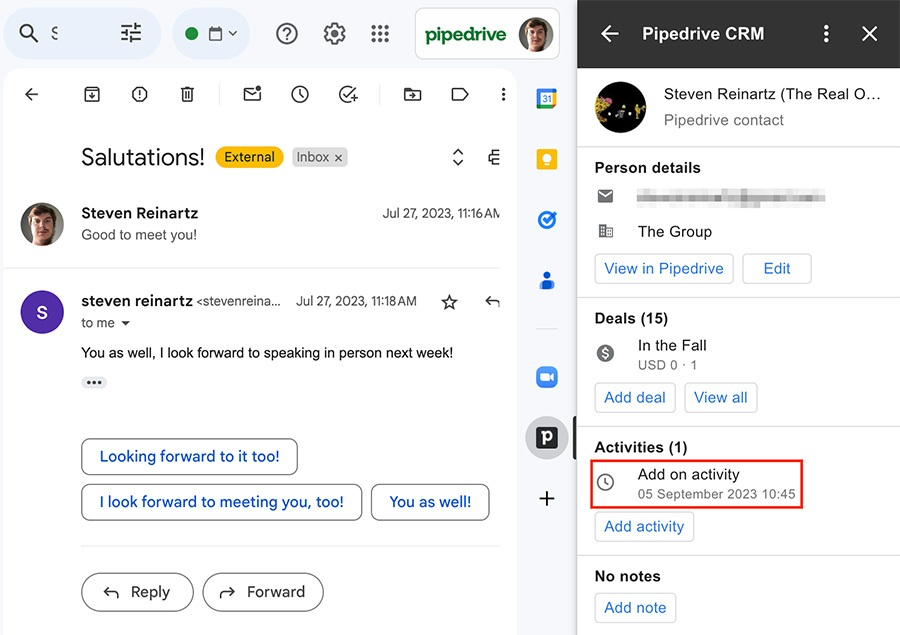 Pipedrive CRM tools integrated within the Gmail interface