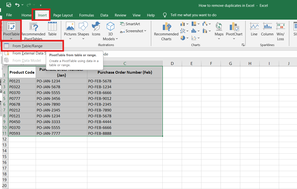 How to Find Duplicates in Excel-Create a PivotTable