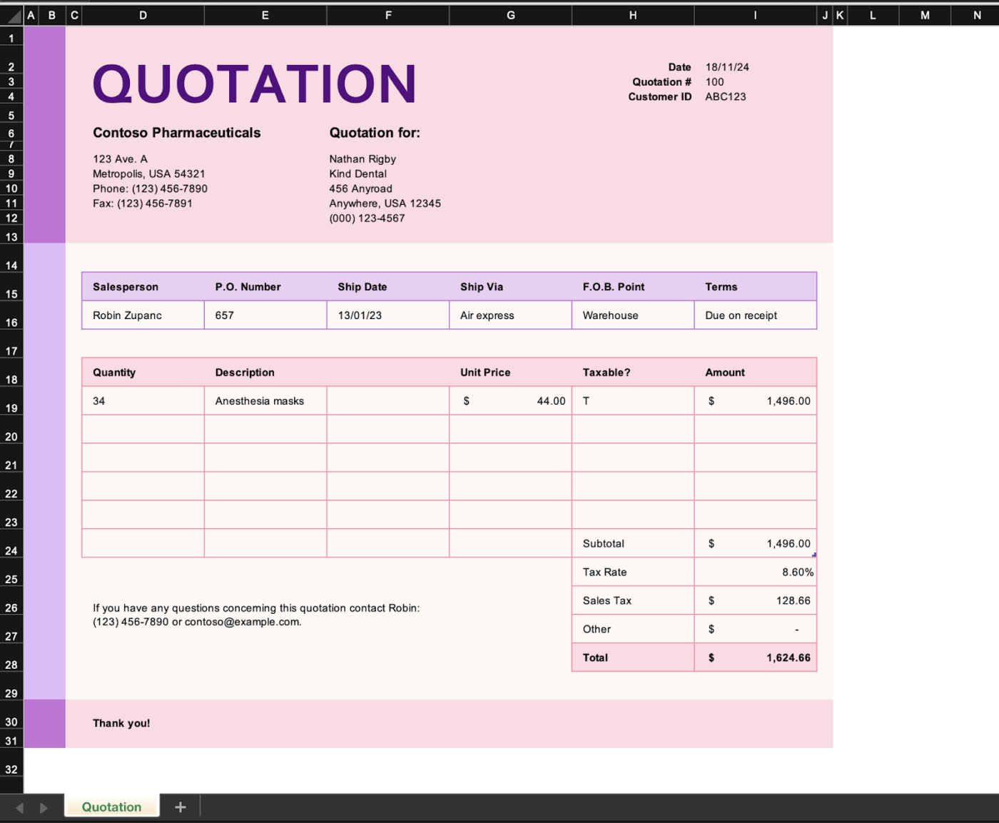 Price Quotation with Tax Calculation RFQ template excel by Microsoft