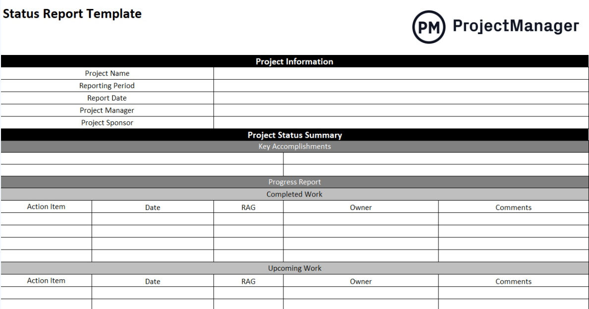 Status Report project charter excel template by ProjectManager