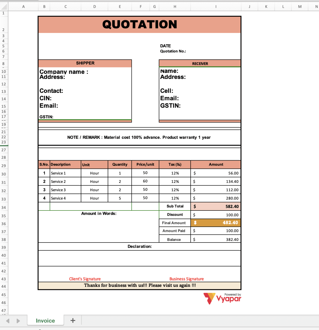 Format RFQ template excel by Vyapar