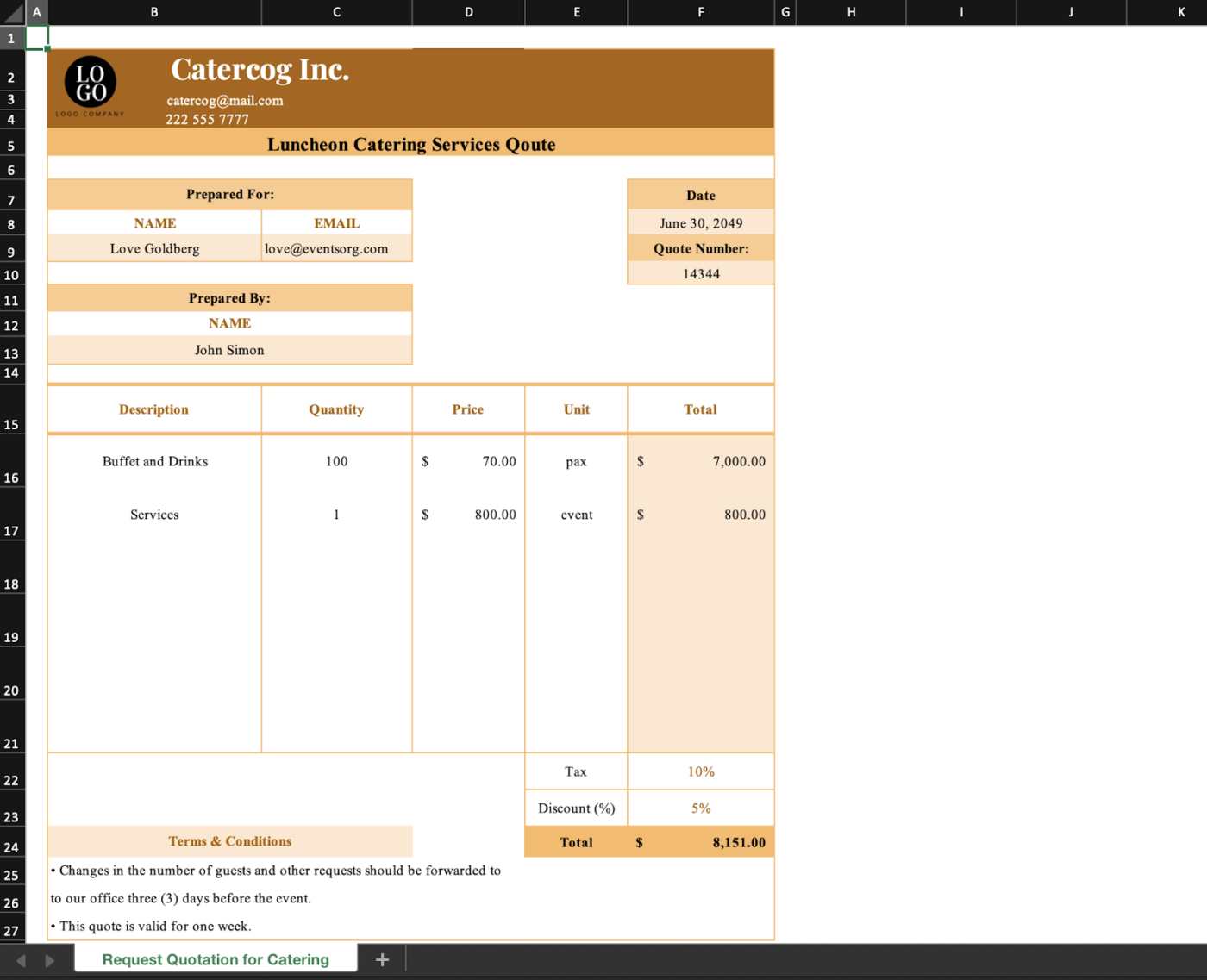 Catering Services RFQ template excel by Template.net