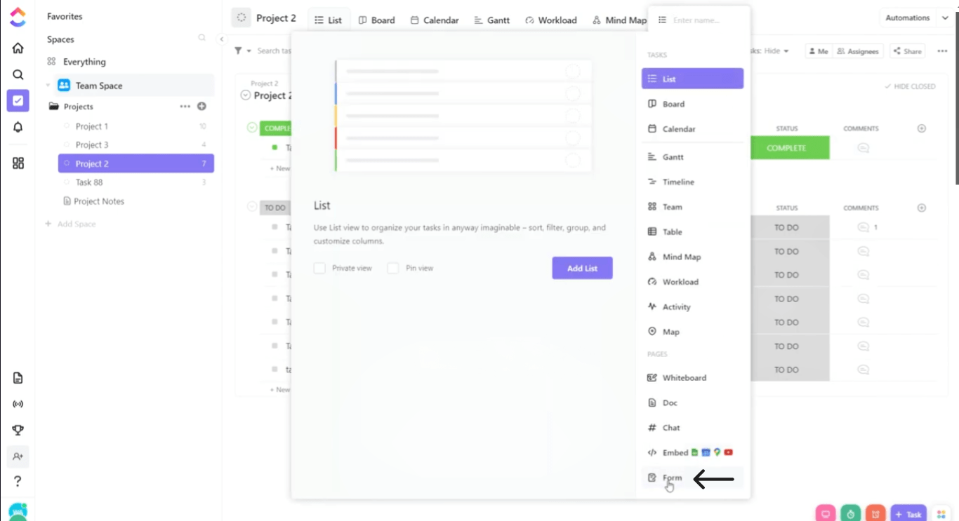 Select ‘form’ in ClickUp Forms