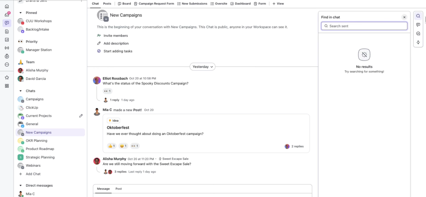 Quickly search through your ClickUp Chat history to find messages when you need them : Facebook Workplace vs Slack