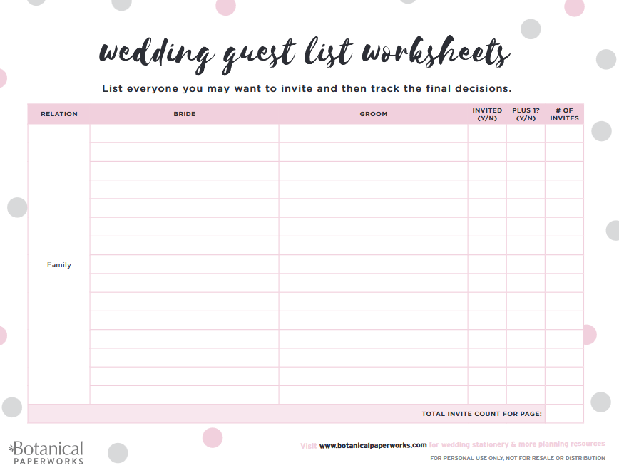 Wedding Guest List Worksheet Template by Botanical Paperworks: Wedding Planning Templates