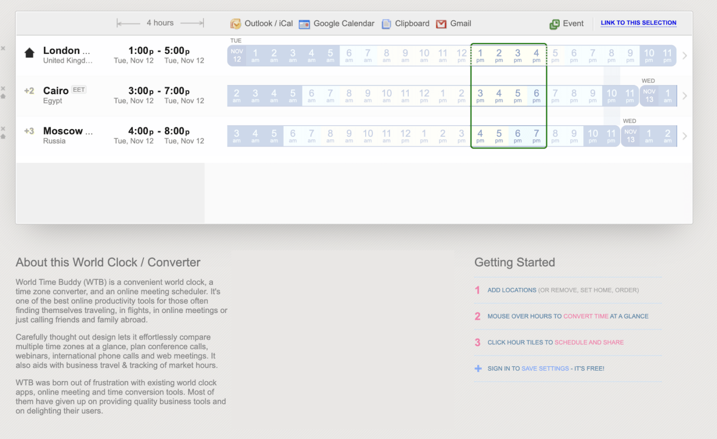 World Time Buddy with meeting planner time zone