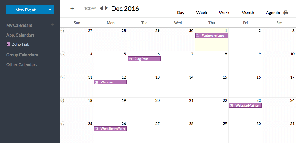 Zoho Calendar Dashboard: online calendar
