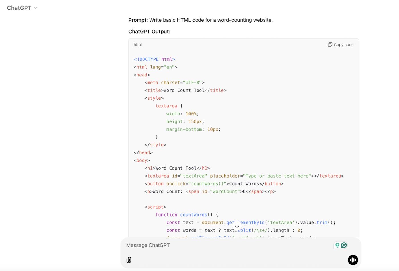 Gemini Vs ChatGPT for Coding: boilerplate code generated in ChatGPT