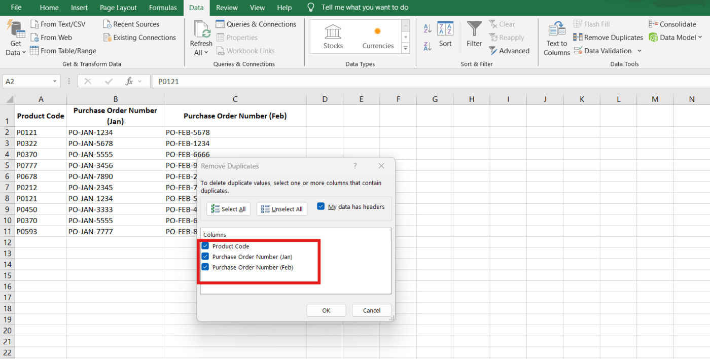 How to Find Duplicates in Excel-Specify the column(s) to check for duplicates