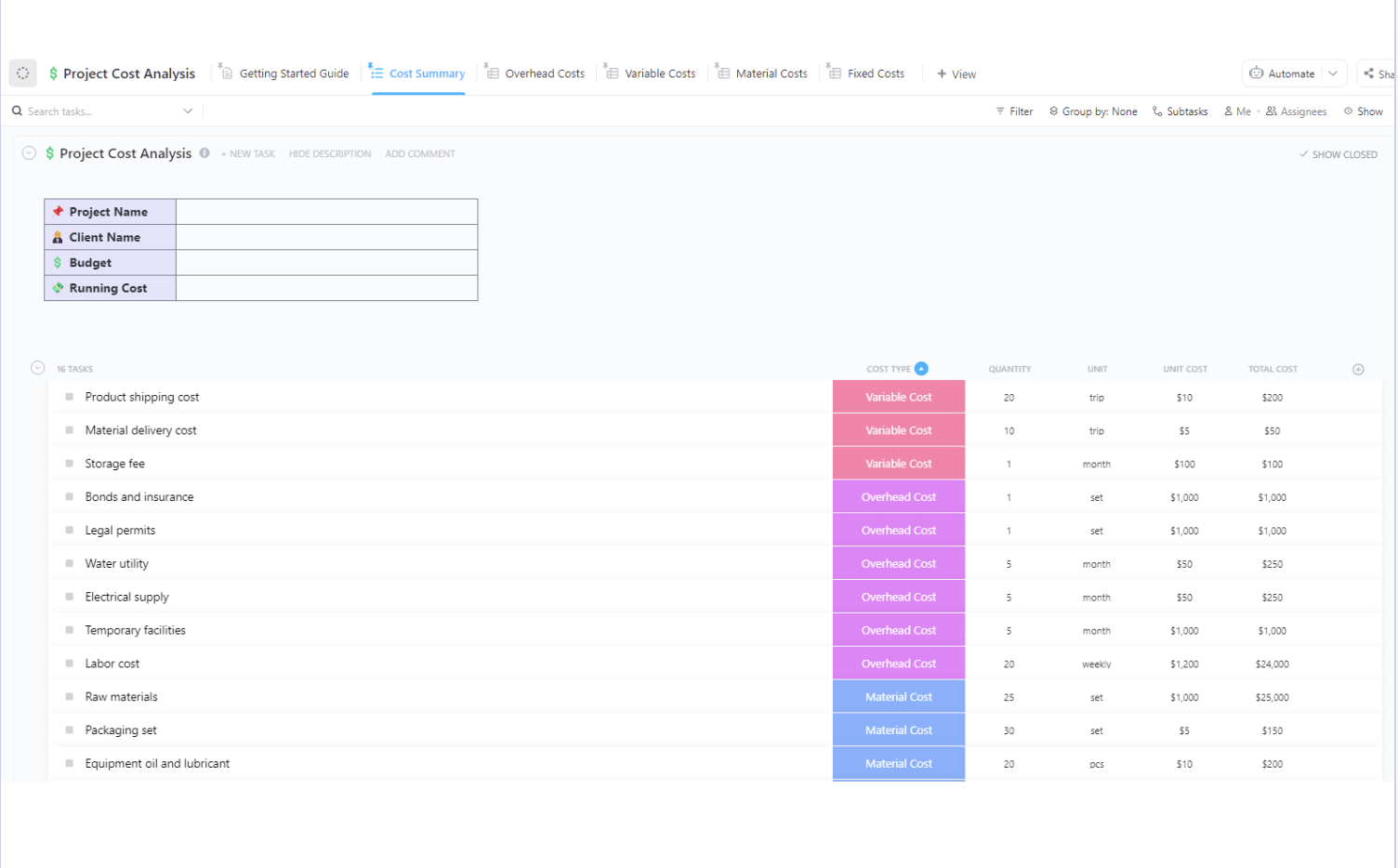 ClickUp’s Project Cost Analysis Template