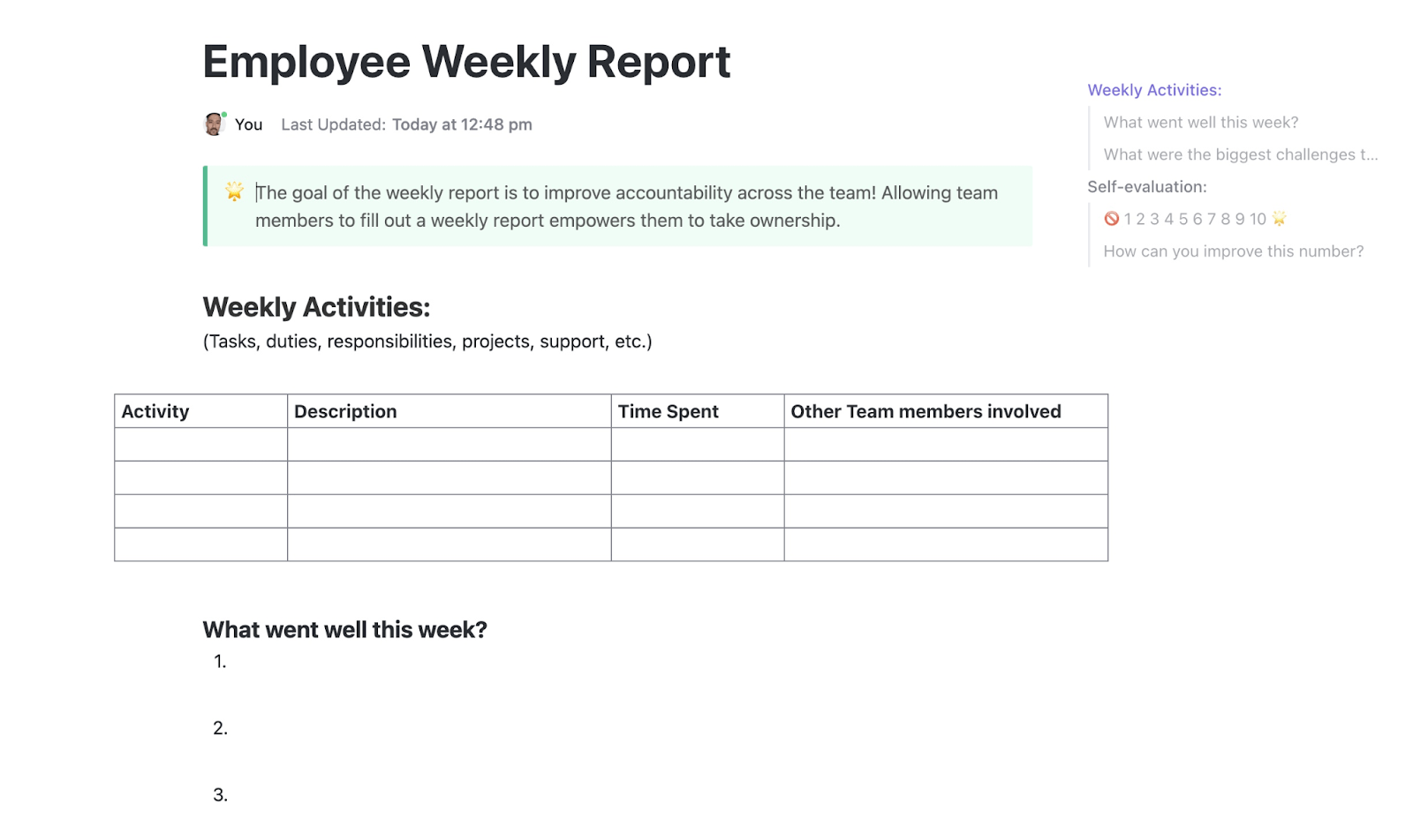 ClickUp Employee Weekly Report Template: performance review templates