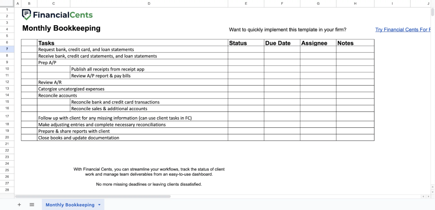 The Monthly Bookkeeping Checklist Template: bookkeeping excel template