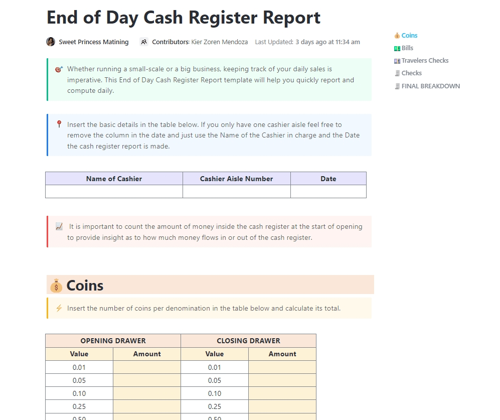 ClickUp End of Day Cash Register Report Template