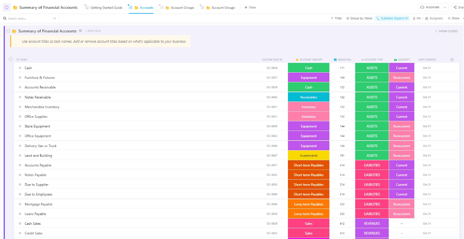 ClickUp Summary of Financial Accounts Template