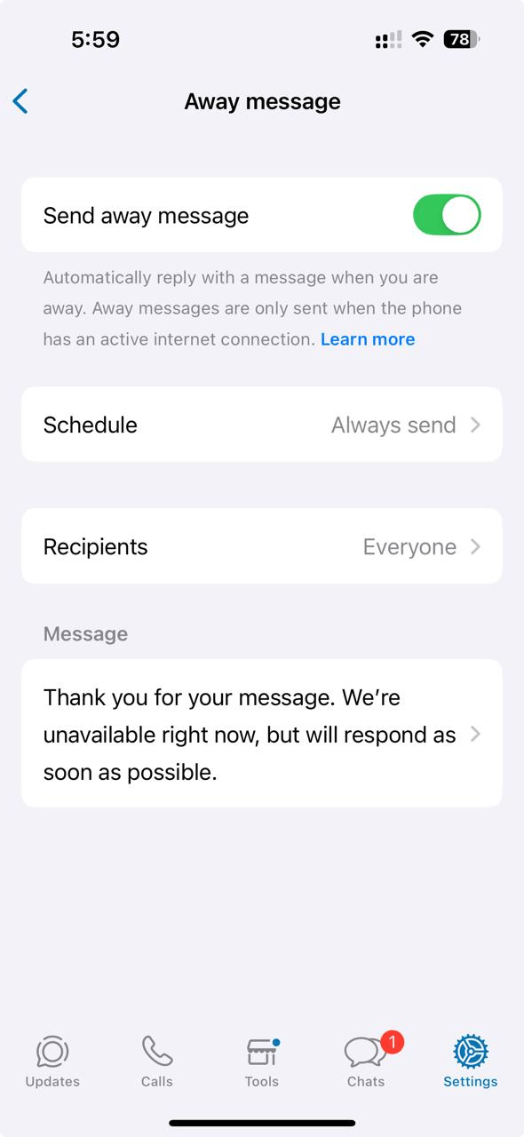 Set up an ‘Away Message’: whatsapp auto reply