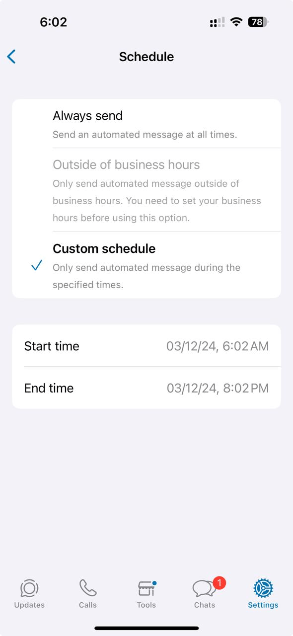 Schedule the messages: whatsapp auto reply