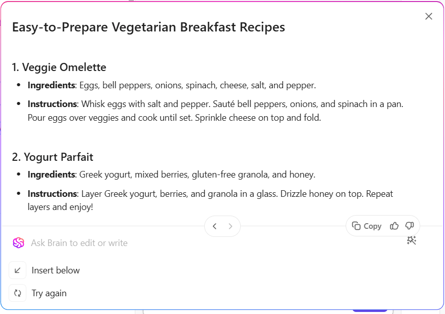 Generate recipes effortlessly with ClickUp Brain